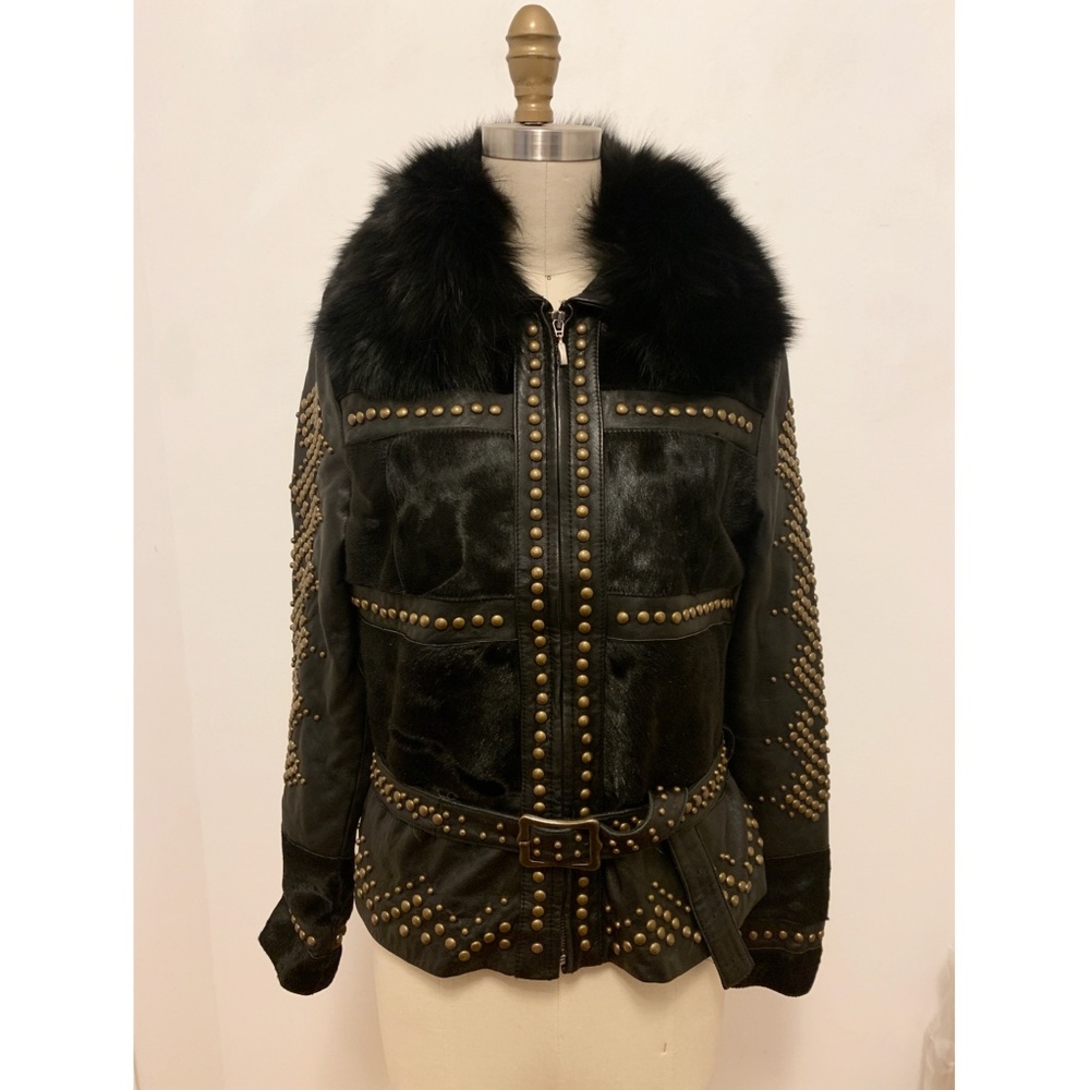 80s VINTAGE LEATHER STUDDED JACKET WITH FUR COLLAR